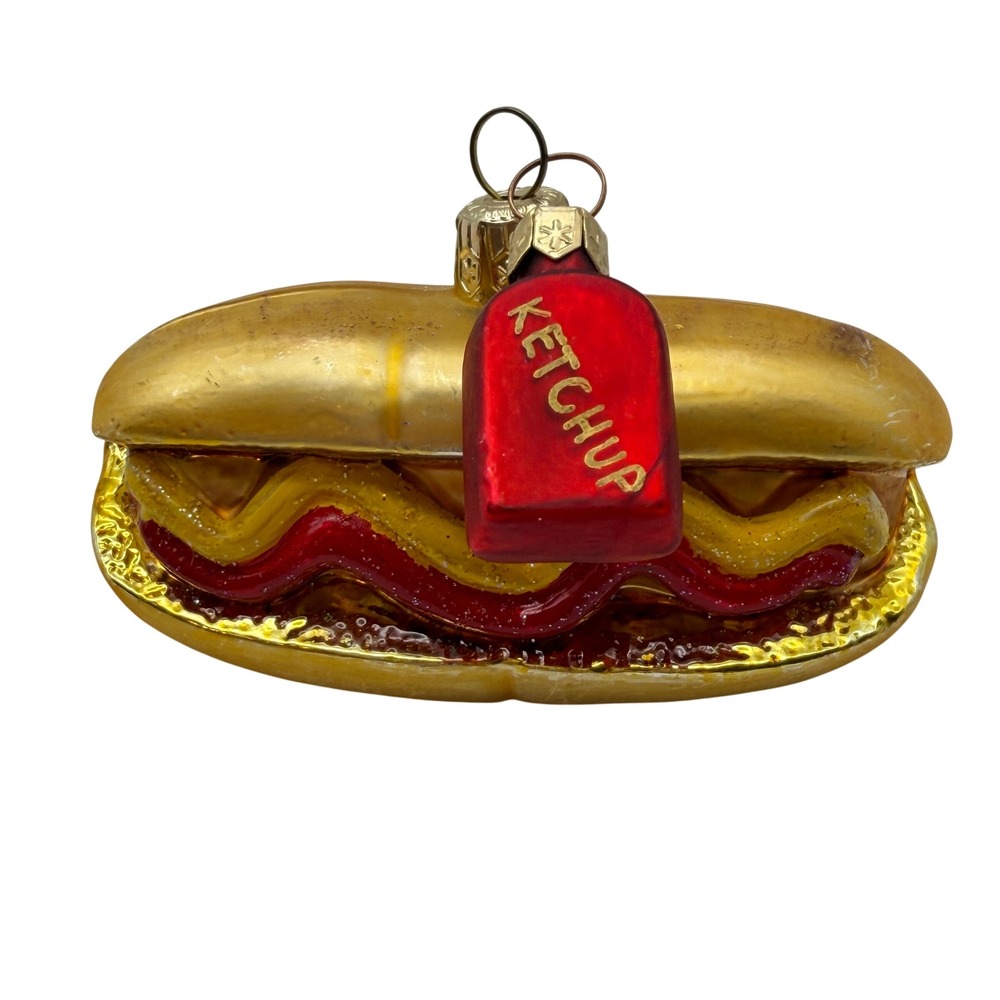 Vintage Hot Dog Glass Christmas Ornament with Ketchup Bottle Charm Red Gold